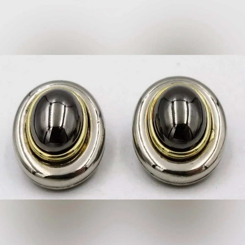 Vintage Earrings Clip On Gold Silver Signed Earrings Chunky Two Tone Jewelry LC